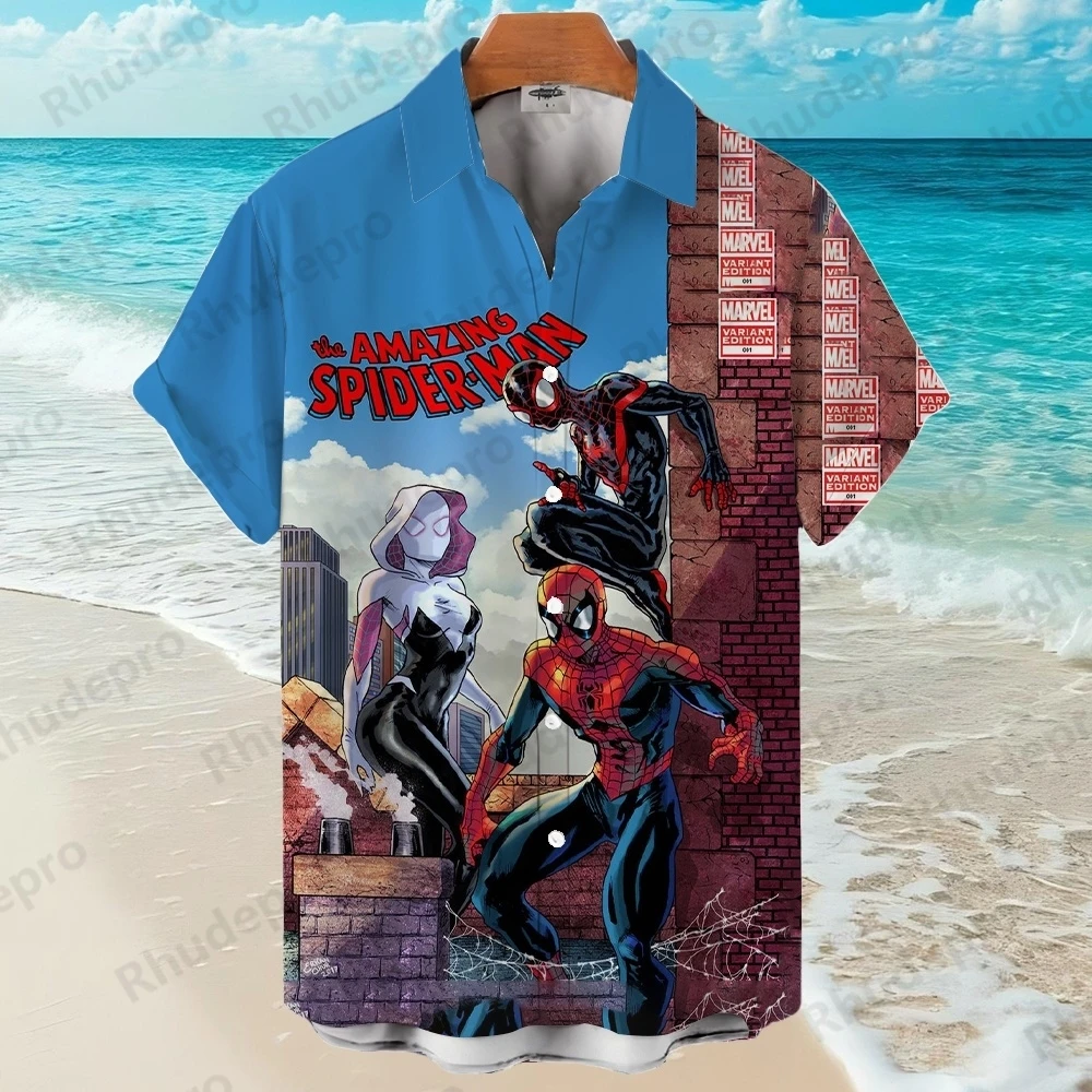 ديزني الرجل العنكبوت خارقة الصيف ثلاثية الأبعاد قمصان الرجال قمصان هاواي الشارع الكرتون قمصان عادية قمصان الموضة Ropa De Hombre #4