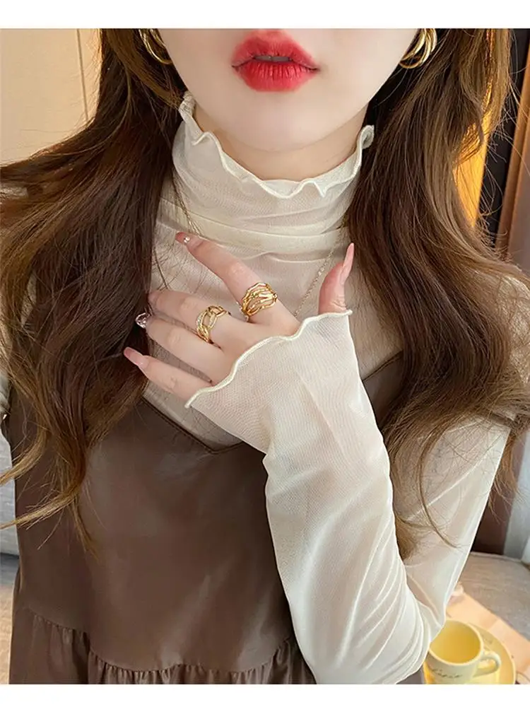 

Женская футболка с кружевной отделкой Me Base irt, ранняя осень, тонкая внутренняя одежда, длинный топ с высоким воротником, весна-осень-зима, модная футболка