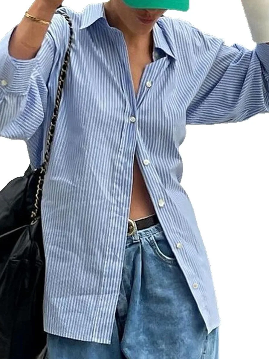 بلوزة فضفاضة مخططة طويلة Sve irt للنساء كاجوال Sle مريح مناسب بنمط مخطط صيفي وصل حديثًا ملابس نسائية