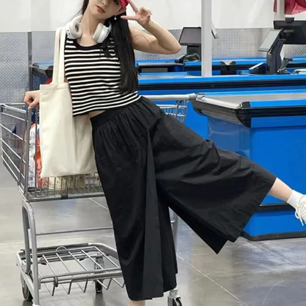 Mode Atmungsaktive Hose Rock Lose Baumwolle Leinen Gerade Bein Hosen Hohe Taille Mit Taschen Breite Bein Hosen Sommer