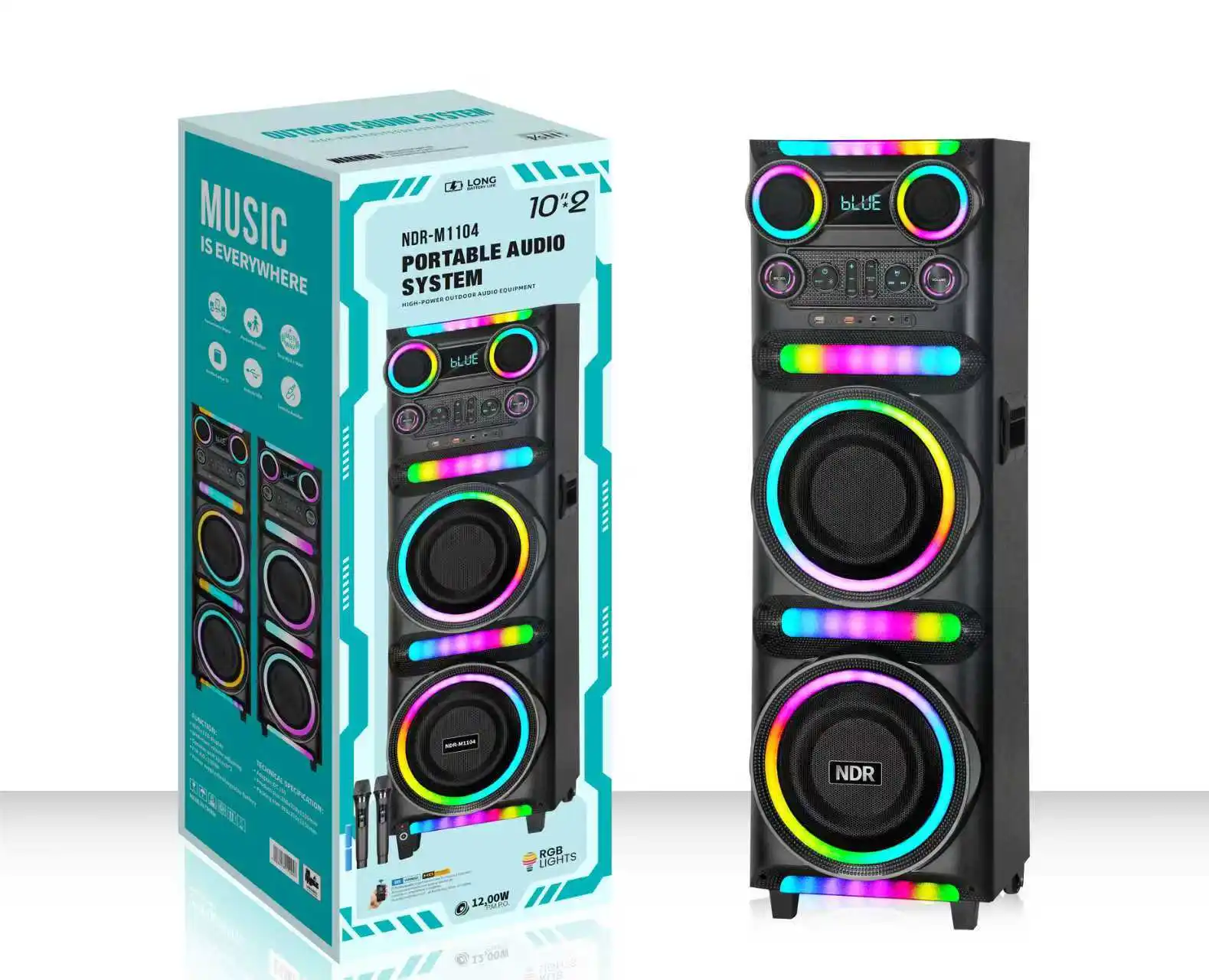 NDR-M1104 Model Wooden Dual 12inch RGB LED 80W Karaoke Party Speaker With Wireless Microphone For Computer & Mobile Phone