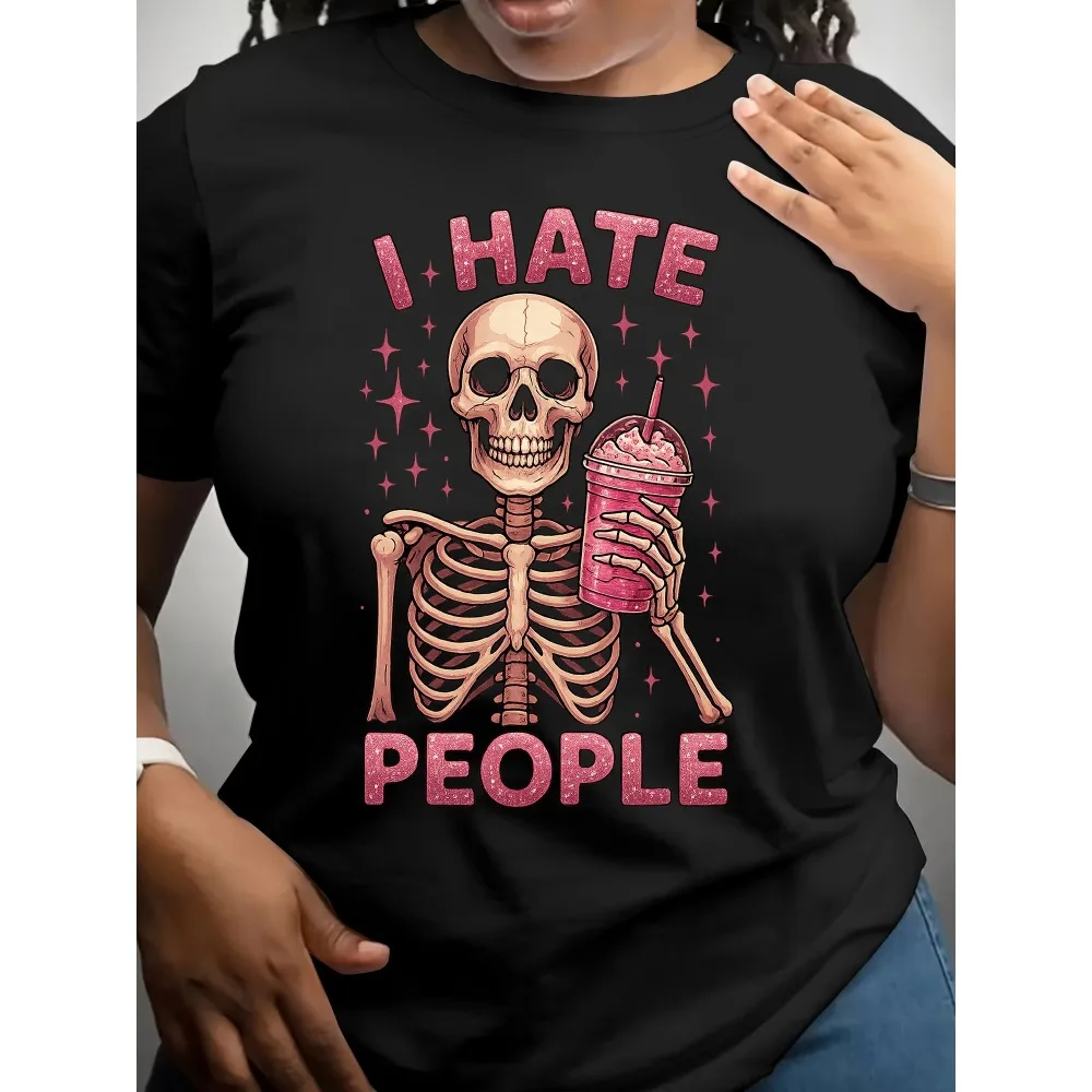 Pink Skull-Themed Print Women's Crew Neck Short-Sleeved T-shirt Funny Graphic T Shirt Casual Cheap Outfit Tops Clothes Female