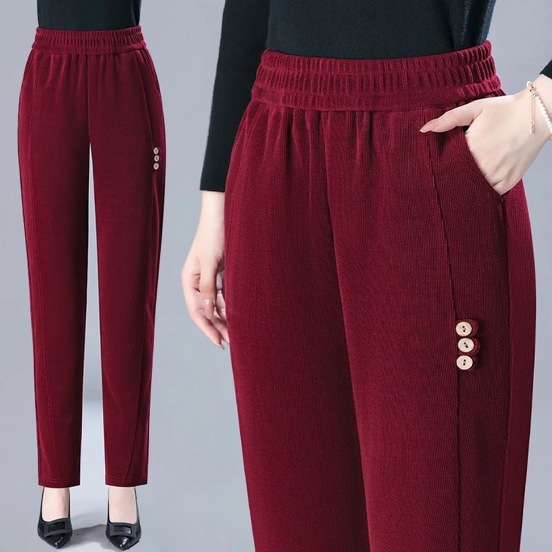 Autumn New Corduroy Straight Pants Women Elastic Waist Solid Pocket Loose Casual Middle-aged Button Trousers plus Size