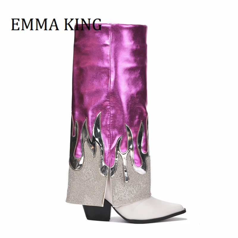 

2023 Women Knee High Flame Design Boots Ladies Pointy Toe Wedge Heels Fold Over Boots Fashion Rhinestone-trimmed Cowboy Boots 44