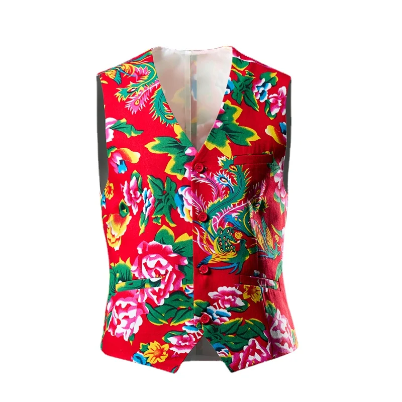 Men Chinese Traditional Northeast Flower Vintage Floral Printed Blouses Ethnic Style Vest