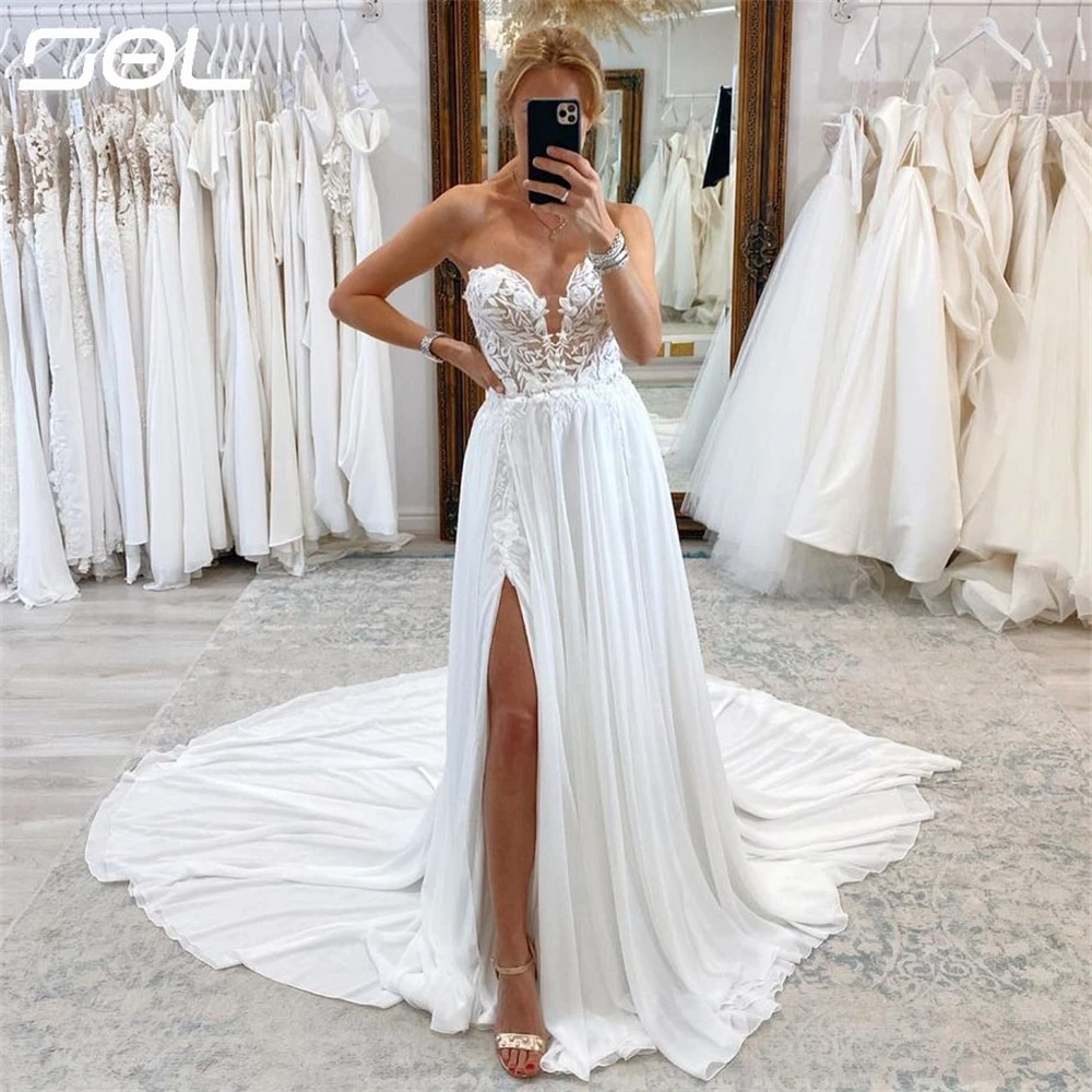 

SOL Simple 3D Lace Appliques Sweetheart Chiffon Wedding Dresses Elegant Side Slit Back Up Mermaid Bridal Gowns Vestidos De Novia