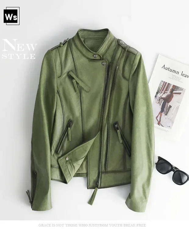 Chaqueta de cuero genuino para mujer, abrigo corto de motocicleta, ajustado, con cuello levantado, color verde, para otoño, 2023