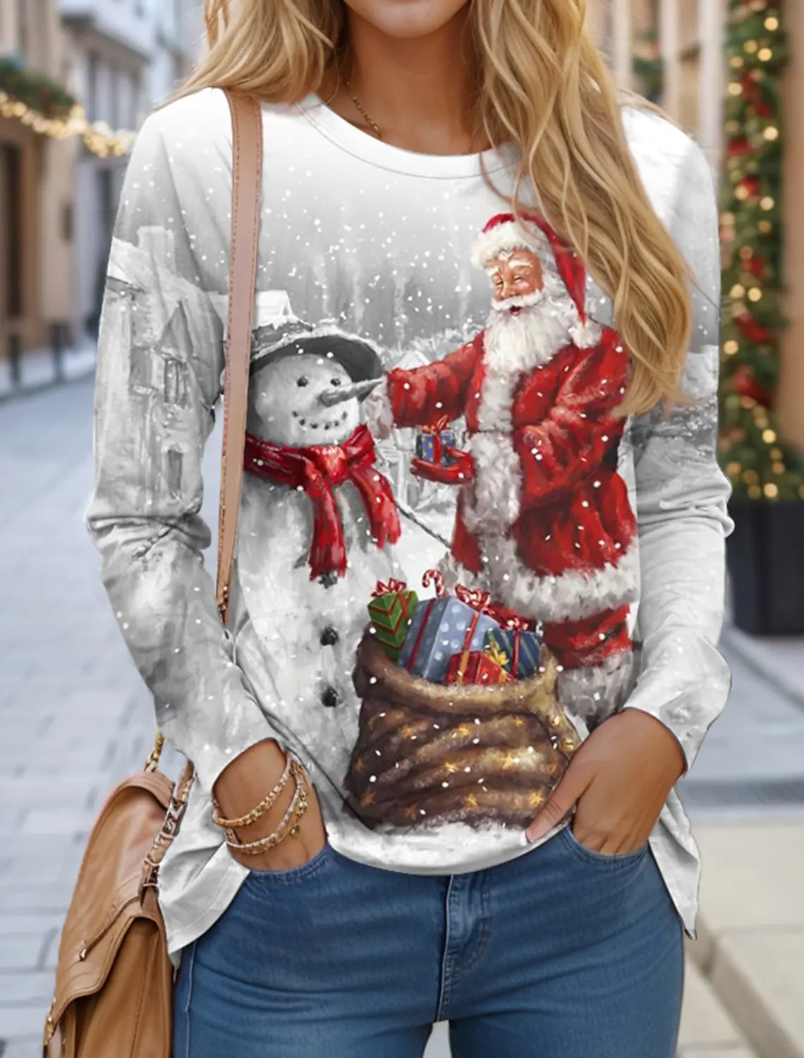 Christmas Pullover Sweatshirt Women\'s Sportswear Holiday Print Christmas Casual Long Sleeve Top Micro Stretch Autumn and Winter