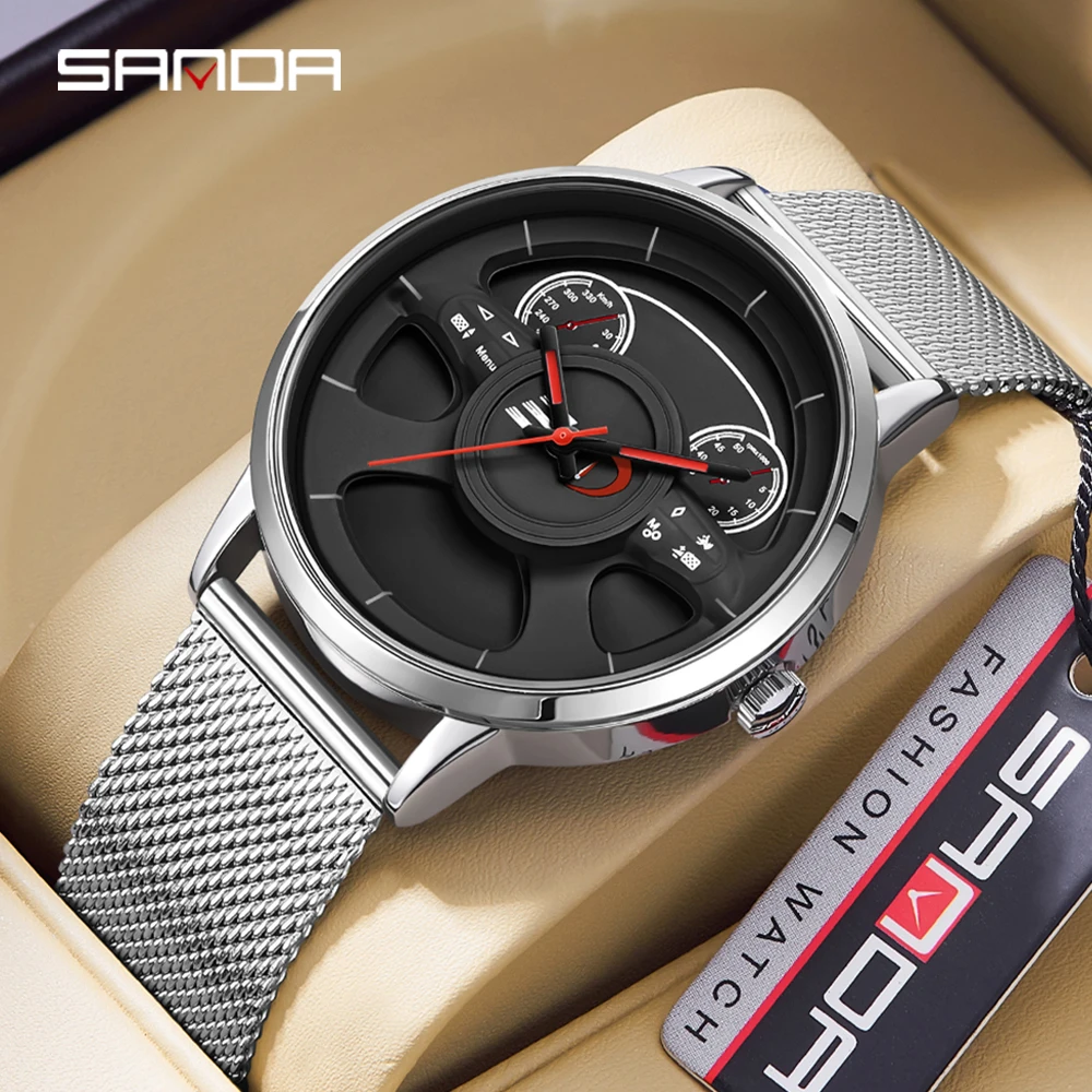 SANDA P1138 Top Brand Sport Car Wheel Rim Hub Watches For GTR Men Super Watch Stainless Steel Waterproof WristWatch Male Reloj