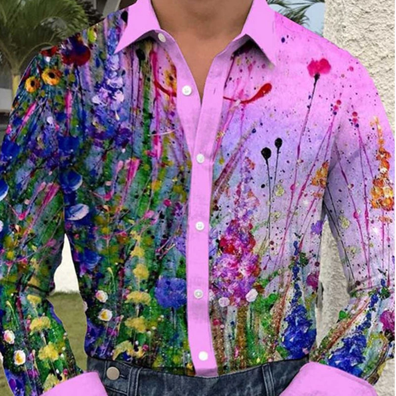 Newest Loose Breathable Print Trendy Cool Fashion Flower Shirts Beach Party Tops Long Sleeve Summer Men's Shirts Men Floral Top