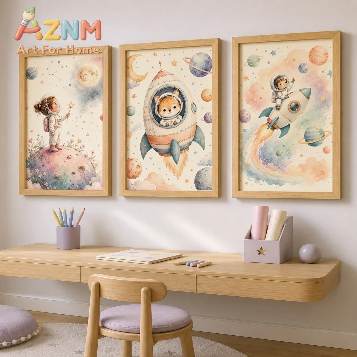 Kinderzimmer Wandkunst Weltraum Astronaut Tier Poster Druck Leinwandbild Mond Planet Rakete Babyzimmer Wanddekoration