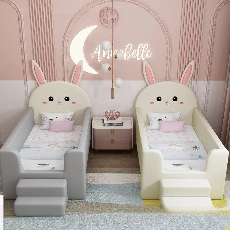 Solid wood children's splicing bed with guardrail baby widened small cartoon fabric soft bag princess bed baby Yanbian