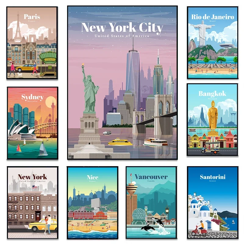 1PCS frameless World Famous Tourist Cities Poster Prints London New York City Travel Wall Art Canvas Painting Picture Home Livin