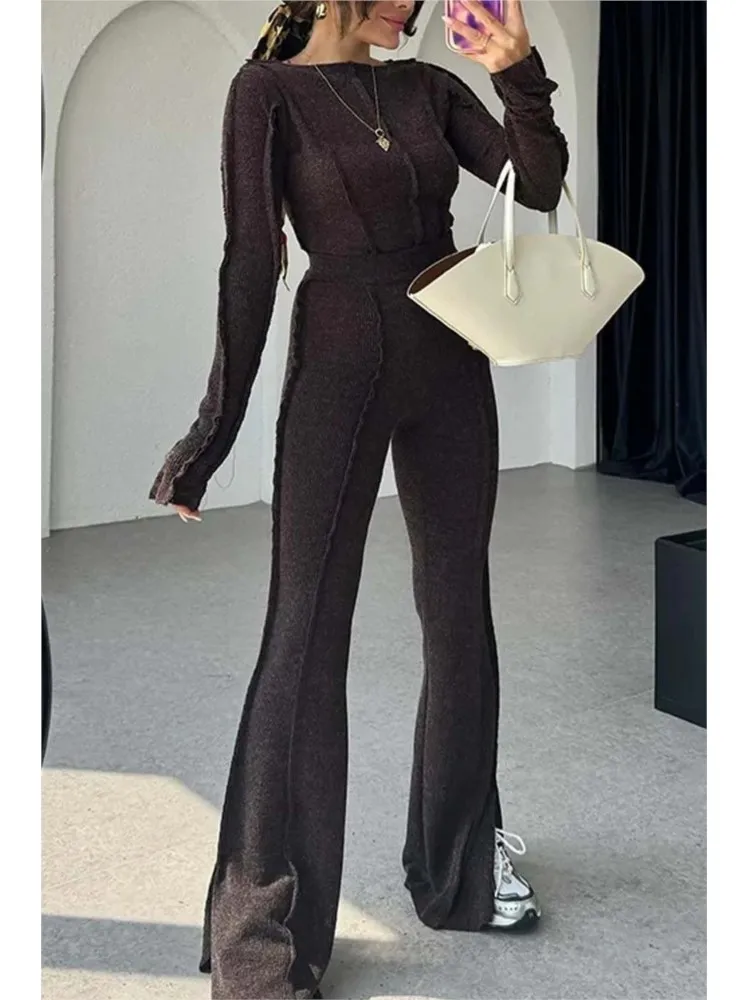 Women\'s Fashionable High-waisted Slim Solid Two-piece Sets Autumn Casual Long Sleeve Crop Tops Bell Bottoms 2 Piece Outfit Home