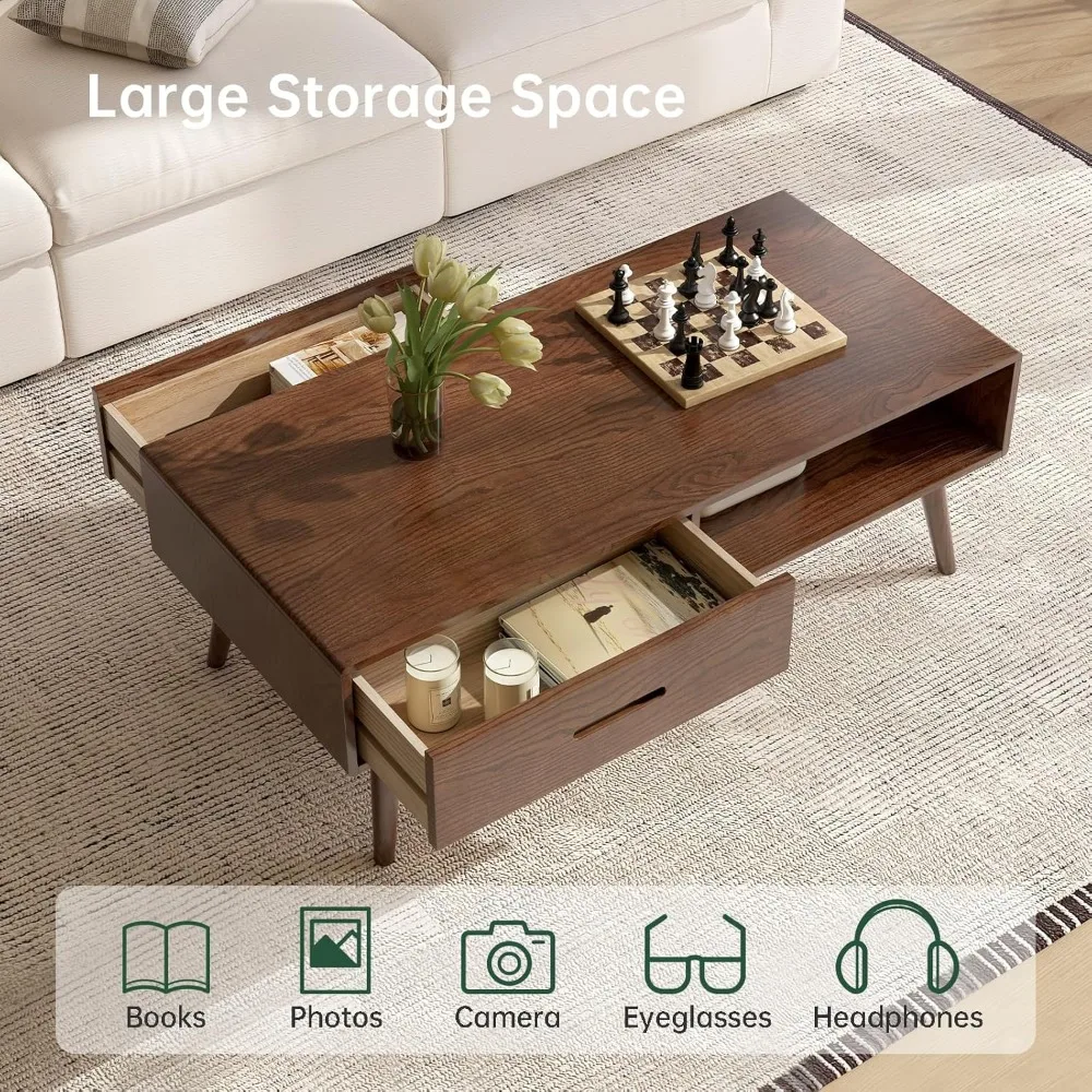 Mesa de centro 100% madeira maciça com espaço de armazenamento, mesa de centro larga de 39,37 polegadas com 2 gavetas