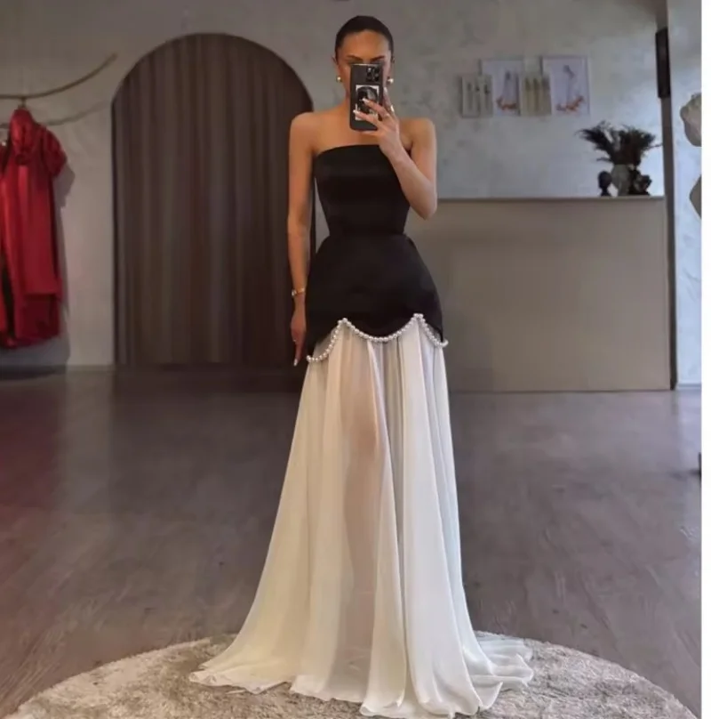 

Black White Elegant Evening Dresses Pearls Strapless Formal Long Met Gala Gowns vestidos de noche 2025 Customized