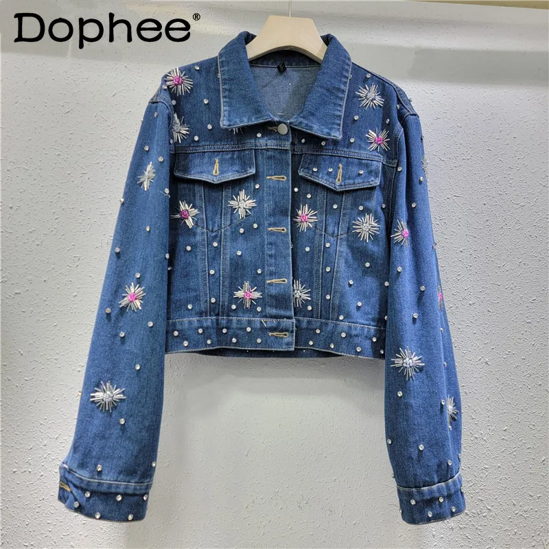 Fashion Women Jacket Spring Heavy Hand-nailed Colored Beads Diamond Design Blue Long-sleeved Denim Jacket 2025 New