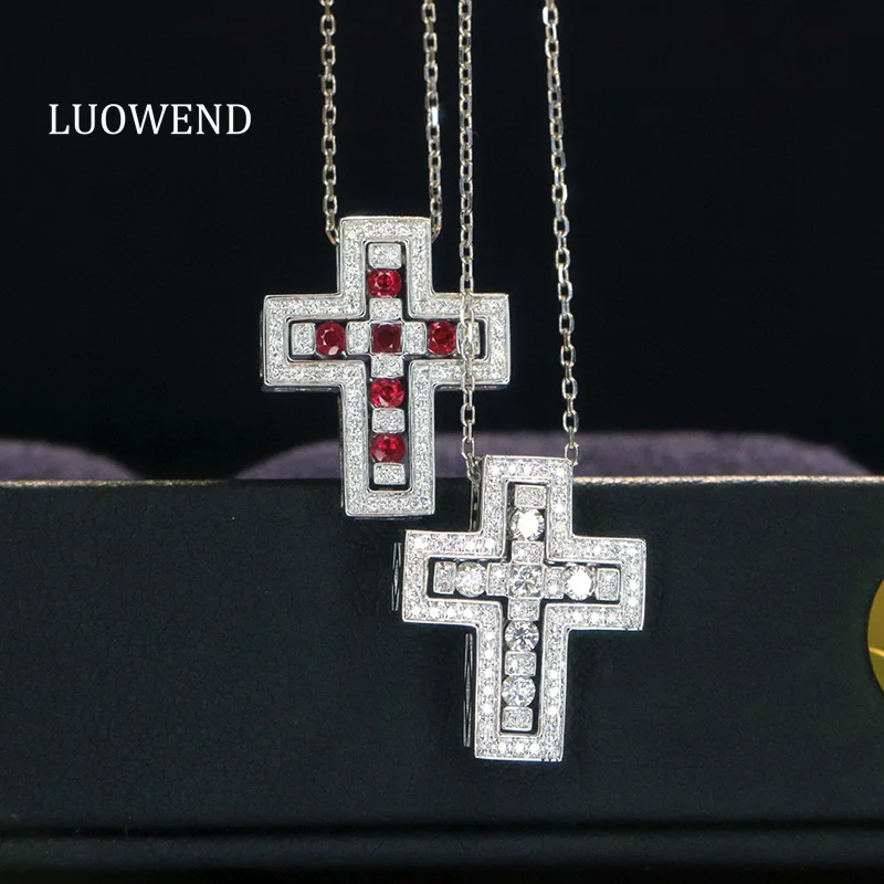 

LUOWEND 100% 18K White Gold Necklace Elegant Cross Pendant Real Natural Diamond/Ruby Necklace for Women High Gemstone Jewelry