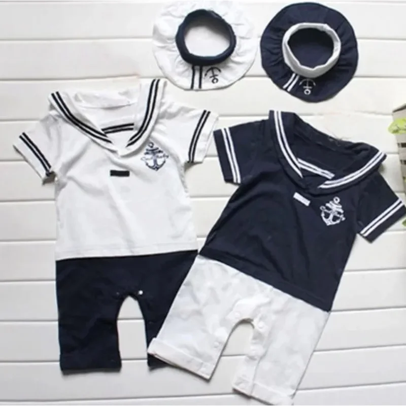 Baby Navy Romper Summer Newborn Kids Boys Girls Sailor Jumpsuit Hat 2Pcs Body Short Sleeve Anchor Printed Suit 70cm 80cm 90cm