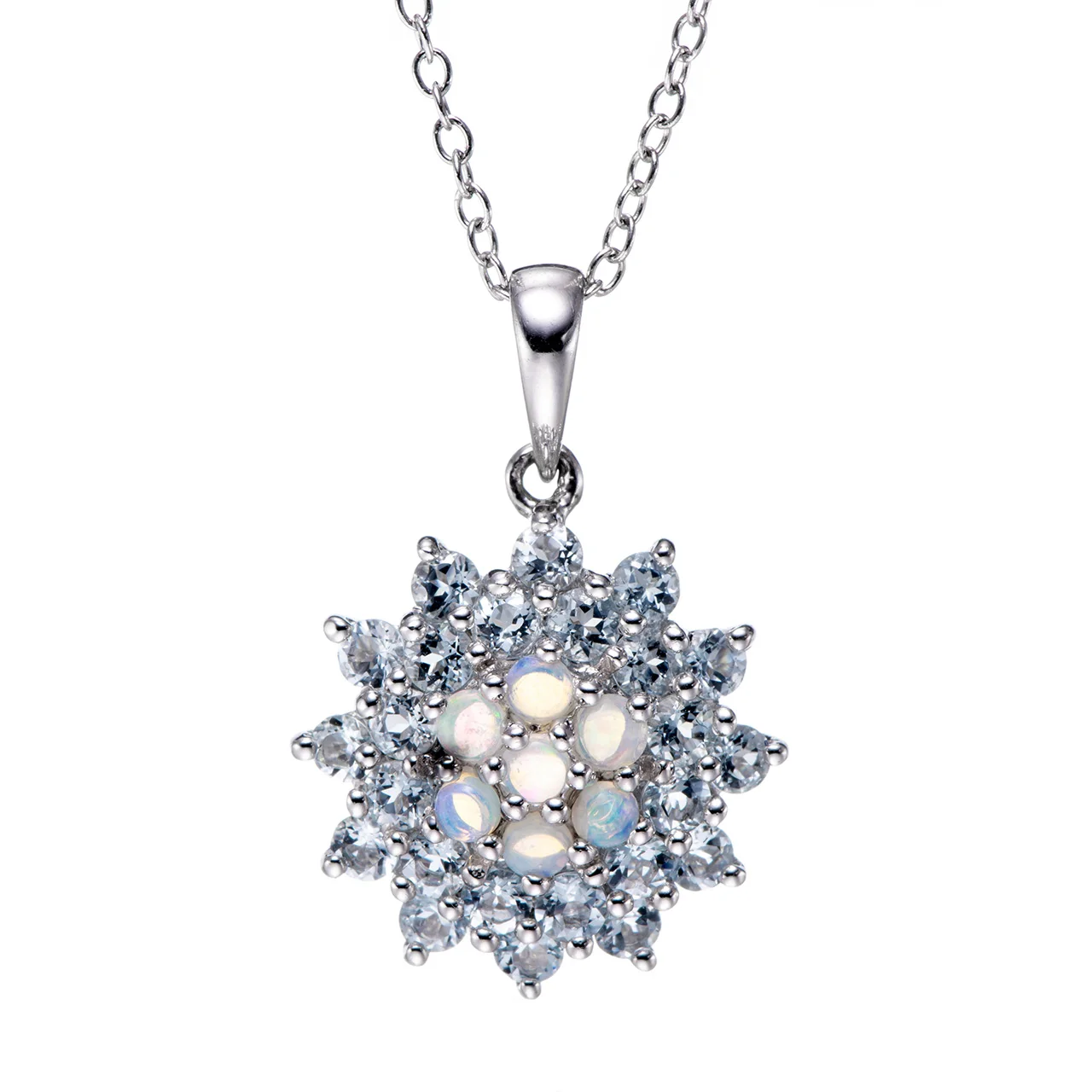 

Opal and Aquamarine Rhodium Over Sterling Silver Pendant with Chain