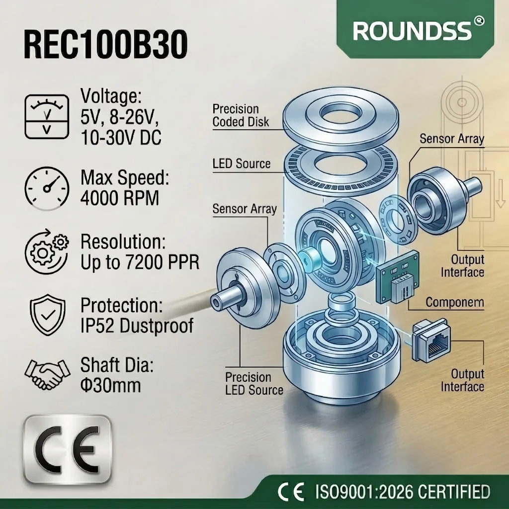 ROUNDSS REC100B30 Elevator Rotary Encoder 100mm Outer Diameter 30mm Hollow Shaft Incremental 5000r/min Max Speed CNC Voltage