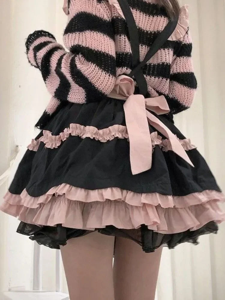 

Harajuku Sweet Lolita Black Pink Skirts Y2k Gothic Vintage Cake Skirt For Women Pleated All-match Faldas Mujer Ruffle