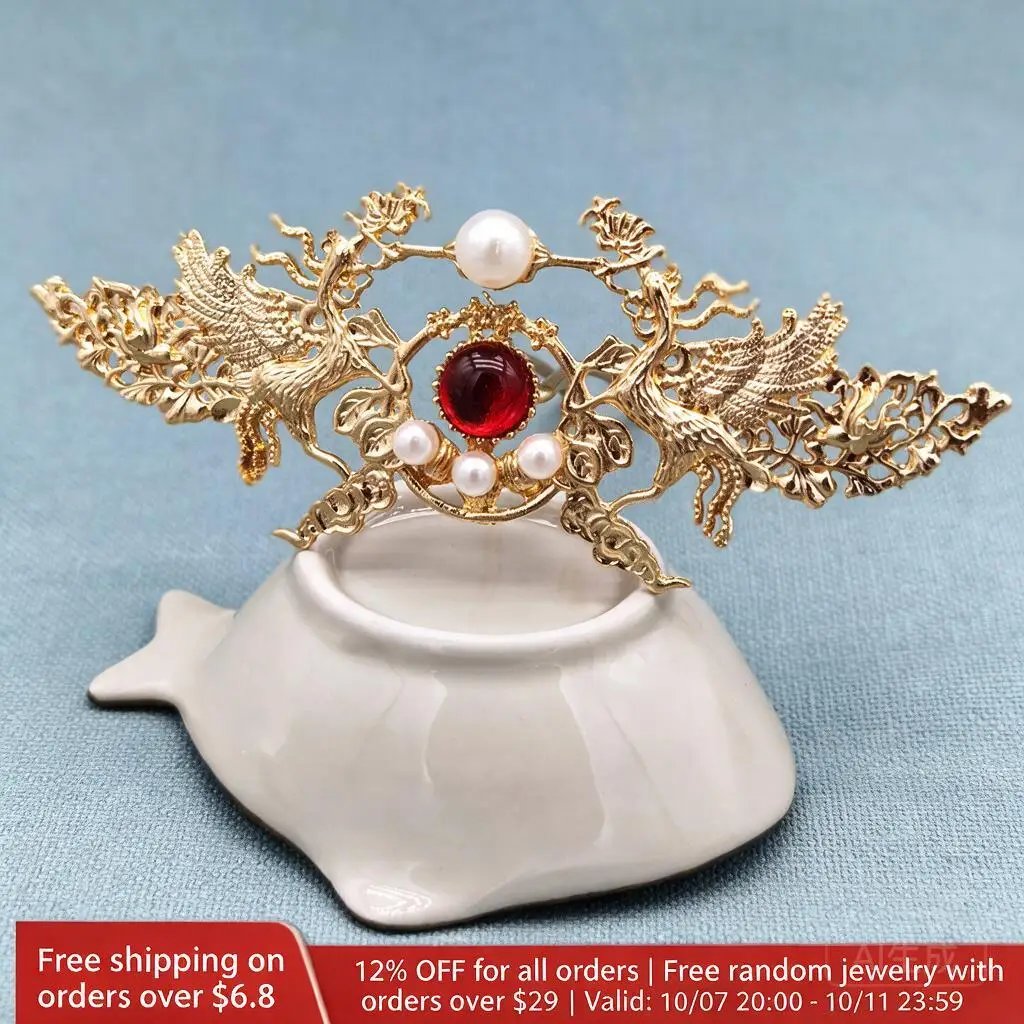 Vintage Chinese Style Phoenix Design Hair Crown Gold Electroplated Faux Pearl Red Gem Decor For Hanfu Wedding Cosplay Headwear