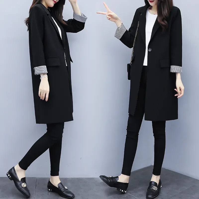 Suit Jacket Mid-Length Korean 2022New Spring Autumn Casual Loose Blazer Blousers Women Windbreaker Lady Black Trench Coat lining