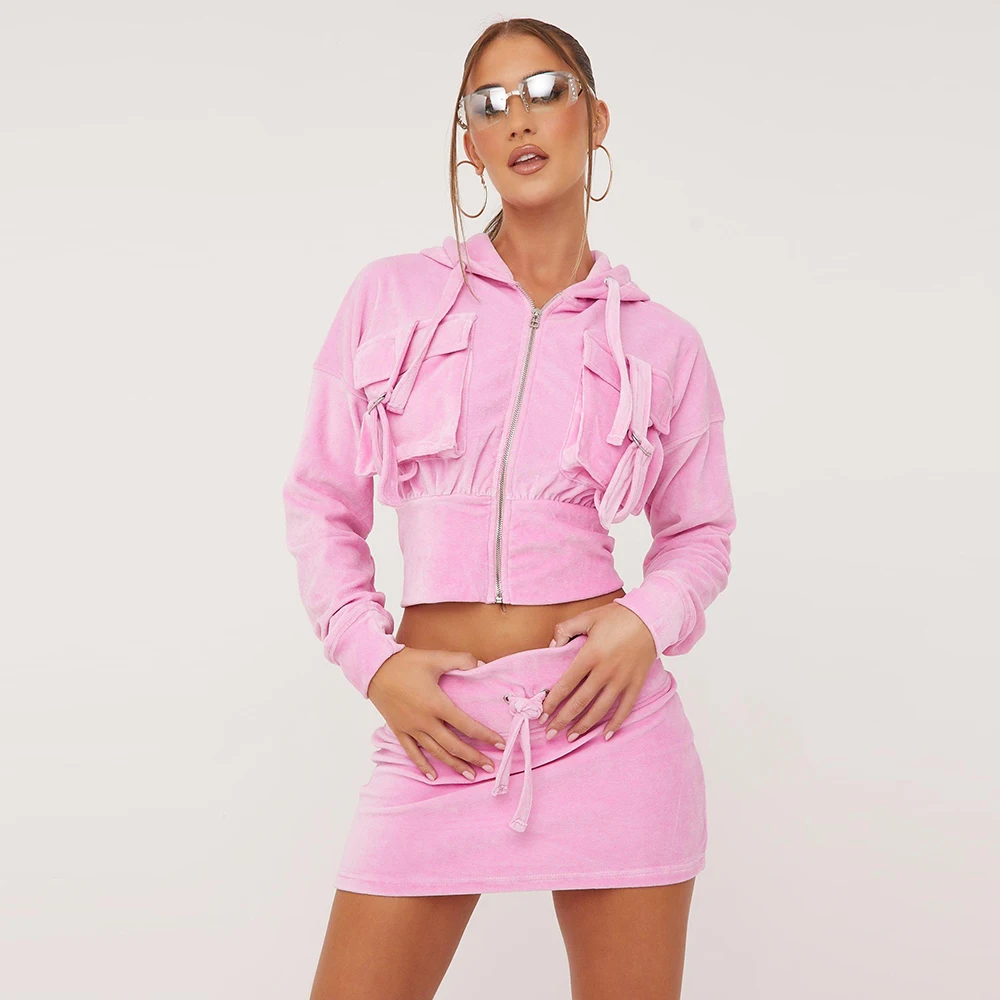 Two Piece Set Women Velvet Pink Tracksuits Sexy Long Sleeve Slim Hooded Jackets Sweatshirt+High Waist Drawstring Mini Skirt