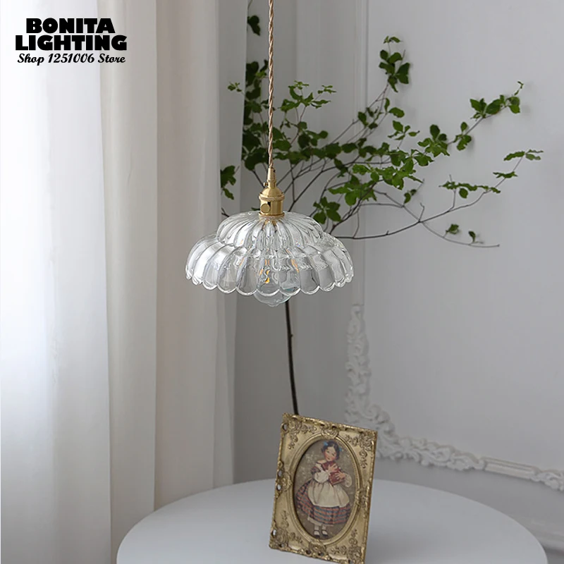 

Japanese Retro Walnut Wood Brass Pendant Lamp Flower Petal Glass Pendant Light Dining Room Coffee Tables Ceiling Chandelier