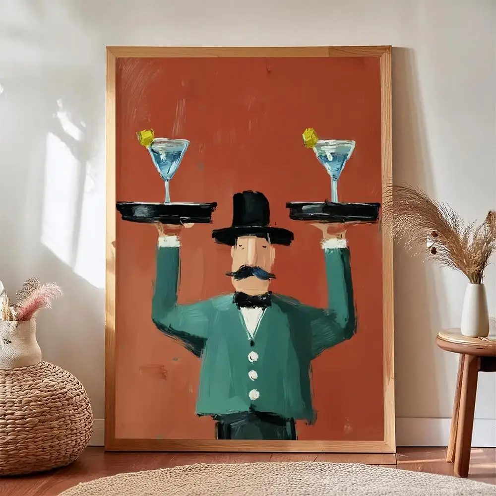 Vintage Waiter HD Wall Art Poster Oil Painting Beverage Art Retro Wine Glass Bar Decor Funny Kitchen Dining Room Home Gift