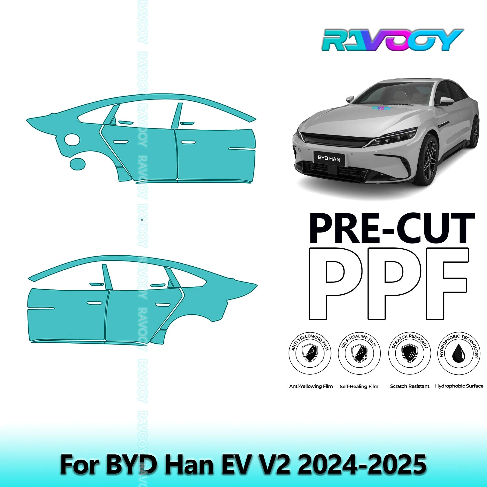 

For BYD Han EV V2 2024-2025 8.5mil Clear Matte Pre-Cut PPF Door & A/B Pillar Kit TPU Paint Protection Film Set