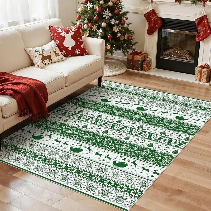 VIKAMA Christmas Large Area Rug Reindeer Fair Isle Print Floor Mat Non Slip For Living Room Bedroom Dining Room Decor