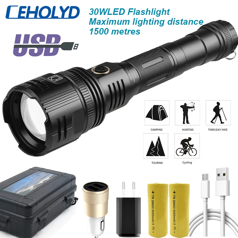 

Led Flashlight High Quality 30W Ultra-far lighting 1500m Tactical Fishing Hunting Torch Waterproof Zoomable Lantern For 26650