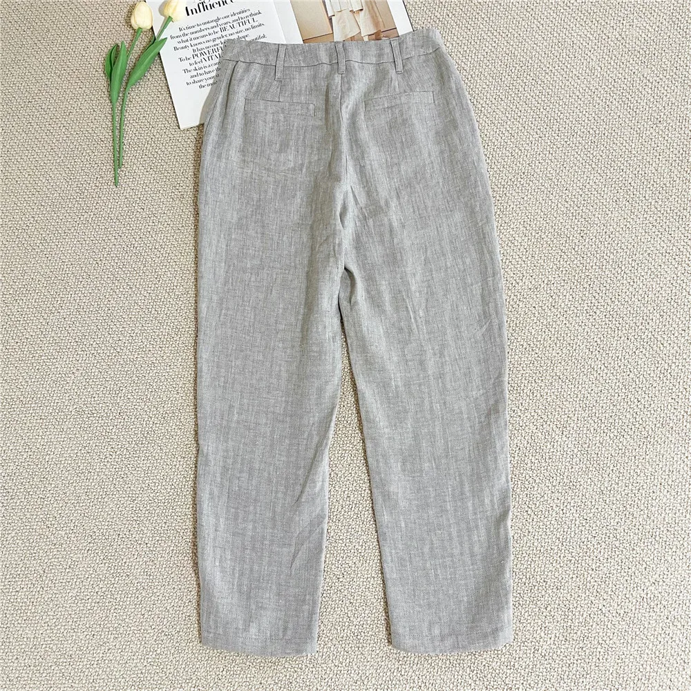 เสื้อผ้าผู้หญิง ฤดูใบไม้ร่วง/ฤดูหนาว 25 รุ่นใหม่ สไตล์หรูหราเบาๆ ผ้าลินินแท้ ลายก้างปลา ชุดสูท+เสื้อกั๊ก+กางเกงขายาวทรงตรงลำลอง ชุดสามชิ้น