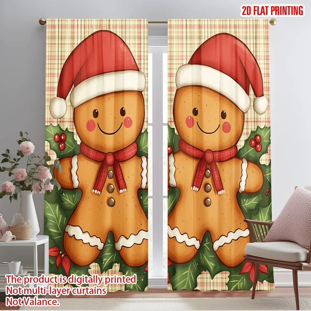 2pcs,2D plane printing Window Curtain Cute Gingerbread Couple Christmas Holly (3) Versatile Polyester (without rod) Decorations