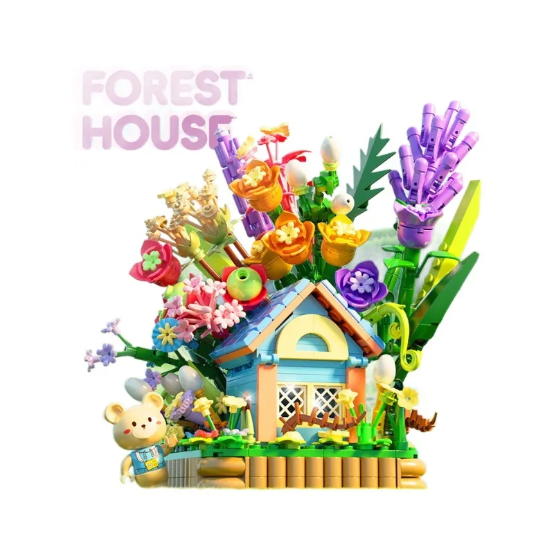 Bloque de Casa de bosque de oso con luz, bricolaje, flores lindas, cabaña, Ladrillo de construcción, niña, juguete para niños para Navidad