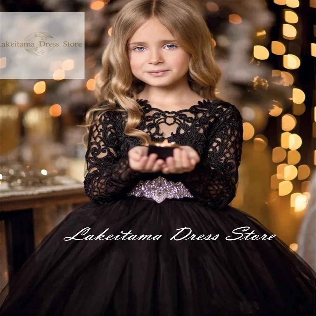 Black Flower Girl Dresses For Weddings Tulle Ball Gown Long Sleeves Tulle First Holy Communion Dresses For Little Girls