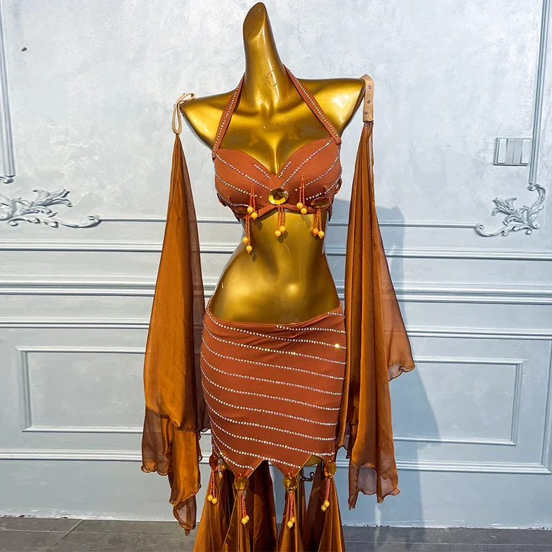 Costume de danse du ventre pour femme, biscuits de luxe personnalisés, ensemble de performance en satin haut de gamme, vêtements de compétition de danse financière pour filles