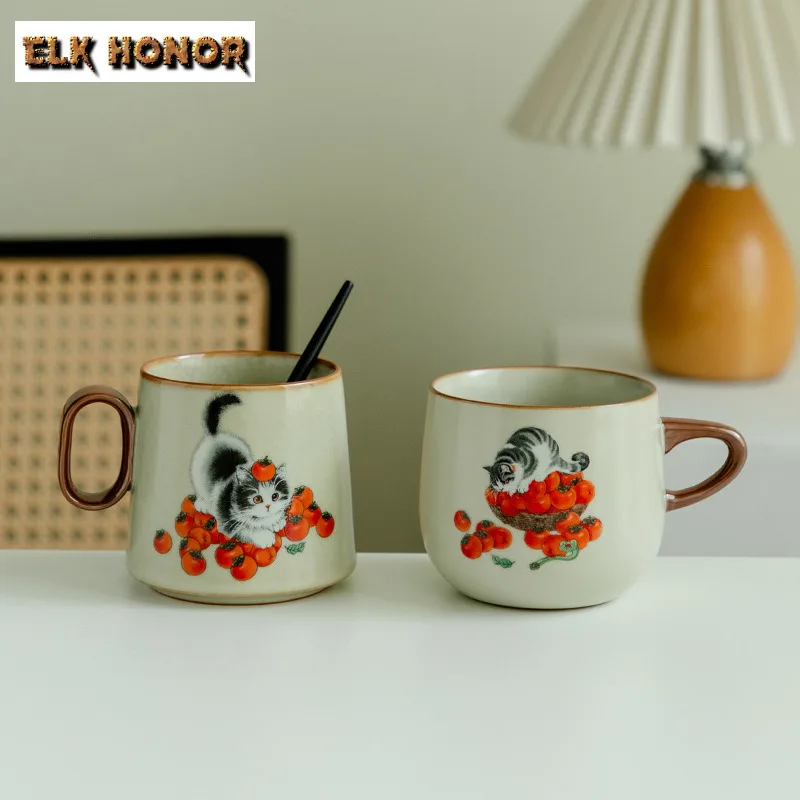 

Ru Kiln Persimmon Cat Кофейная кружка Пара ручных чашек Кружка для послеобеденного чая Бытовая бутылка вина и пива Офисная чашка для воды Посуда для напитков