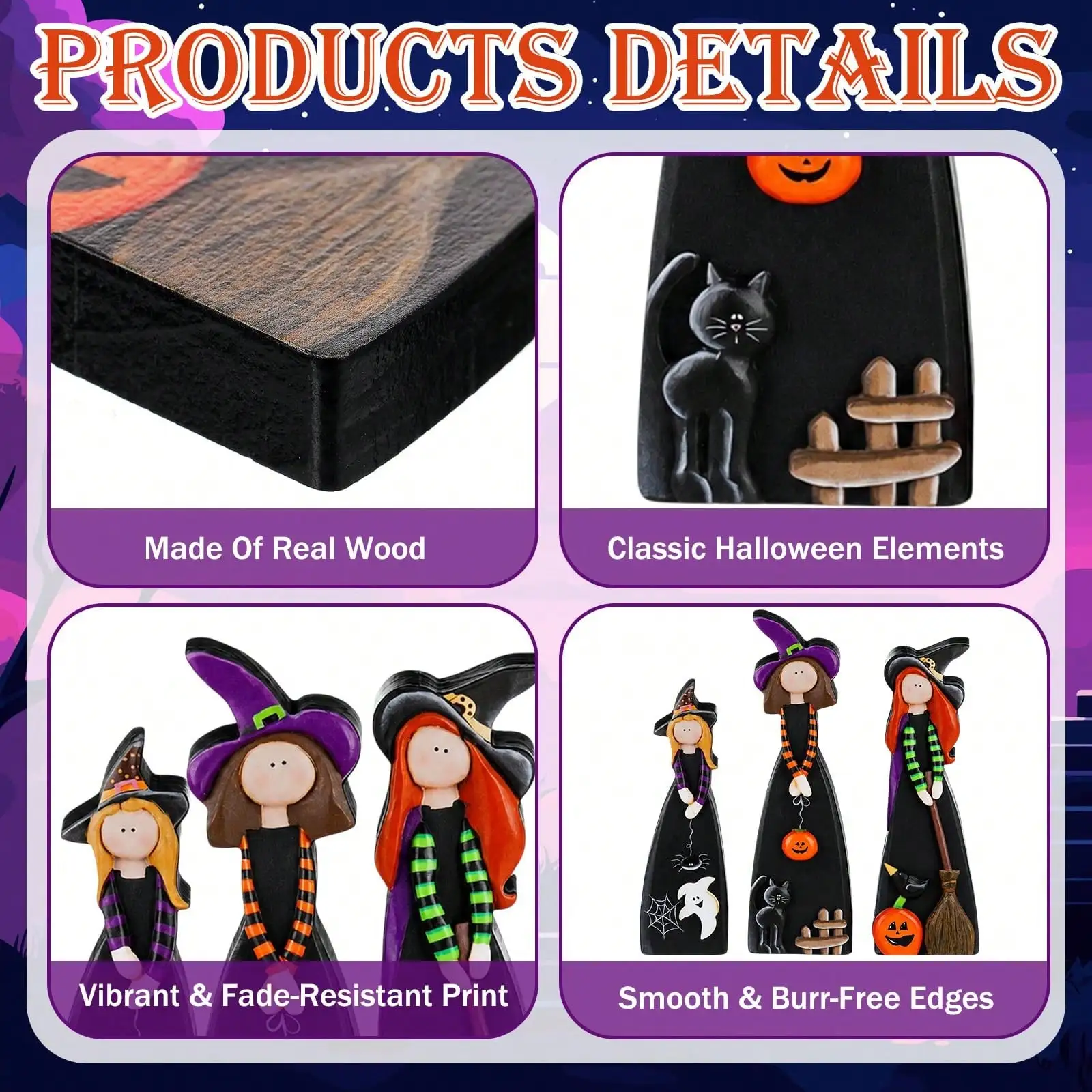 3-teiliges Halloween-Hexen-Tischdekorationsset, schwarz, lila, grün und orange, niedliche Holzdekoration, Hexenfiguren im Landhausstil mit Besen, Kürbis, schwarzer Katze und Geist, geeignet für den Innenbereich, Kamine – Detail 4
