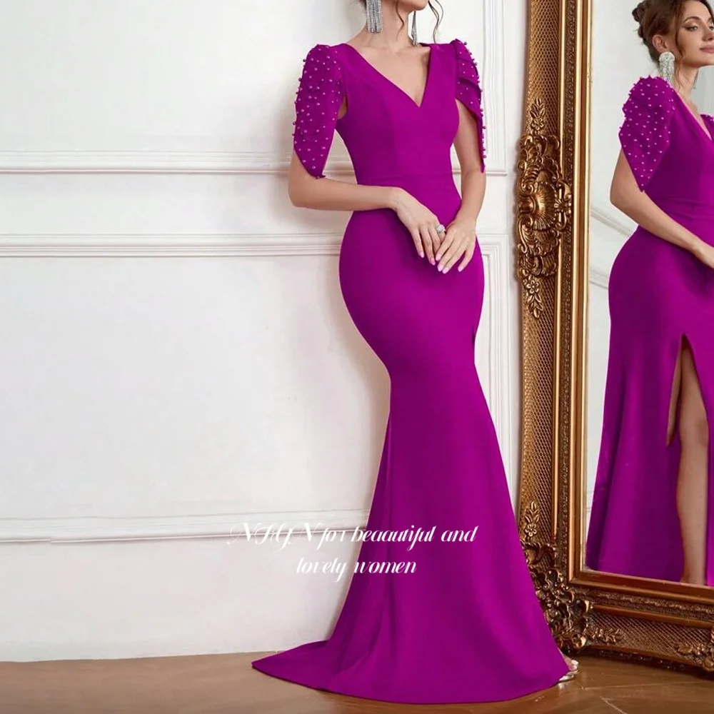 NFYN Mermaid Formal Gown with Pearls Prom Dress Short Sleeve Evening Dress فساتين مناسبة for Women Customized