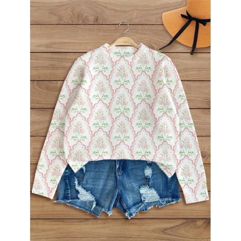 

Bohemian Floral Digital Print Girl Sweater Knit Pullover Warm Loose Crew Neck Long Sleeve Autumn Winter Casual Fashion Party