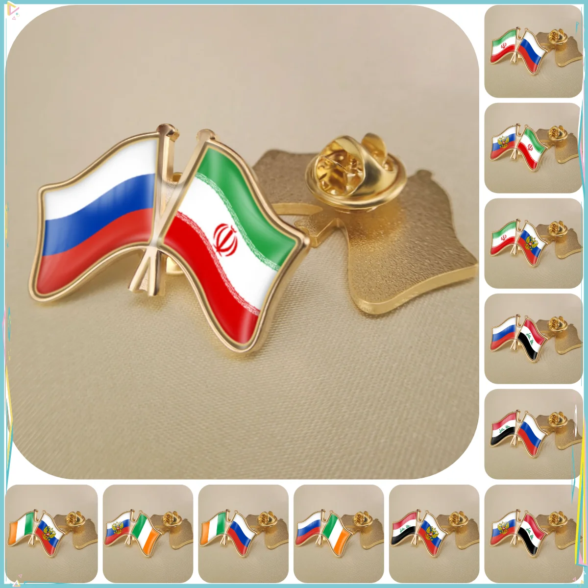 Russian Federation and Iran Iraq Ireland Double Crossed Friendship Flags Brooches Lapel Pins Badges