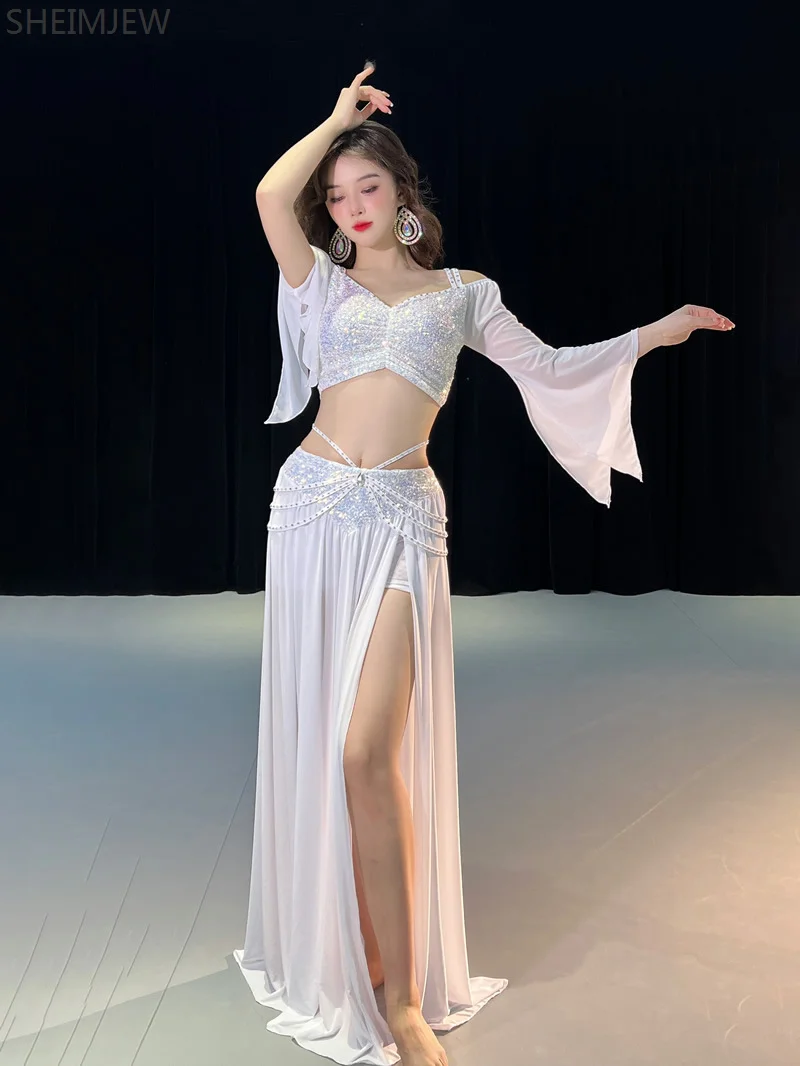 New Sequined Mesh Belly Dance Costume For Women Long Sleeves Top+gauze Long Skirt 2pcs Training Set Belly Dancing Stage Outfit