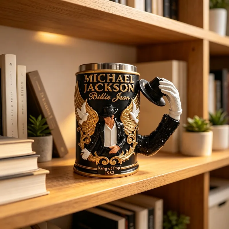 Pop King Michael Jackson Billie Jean Mug 3D Golden Dove Wing Stainless Steel Tea Cup Bar Fan Gift Collectible Ornaments