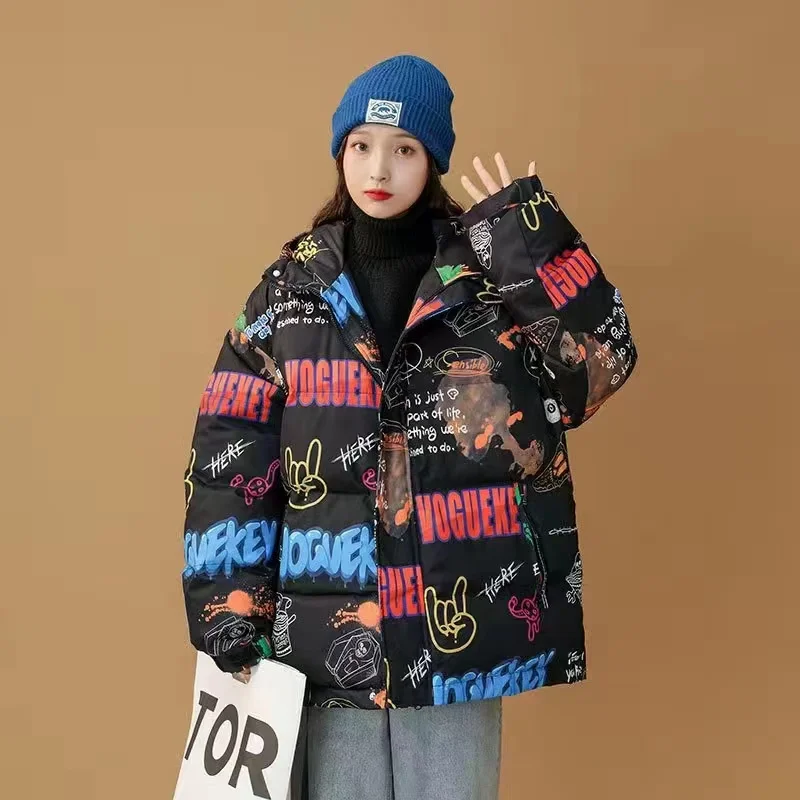 Fashion Y2K Streetwear Printing Hooded Puffer Jacket Women Kawaii Cartoon Casual Zip-up Coat Ladies Winter Thick Warm Outwear