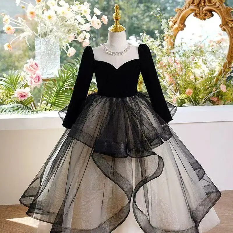 Black Luxury Children's Princess Dress Girls Winter Evening Gown Ladies Suitable Older Children Ideal Hostesses Piano Performers