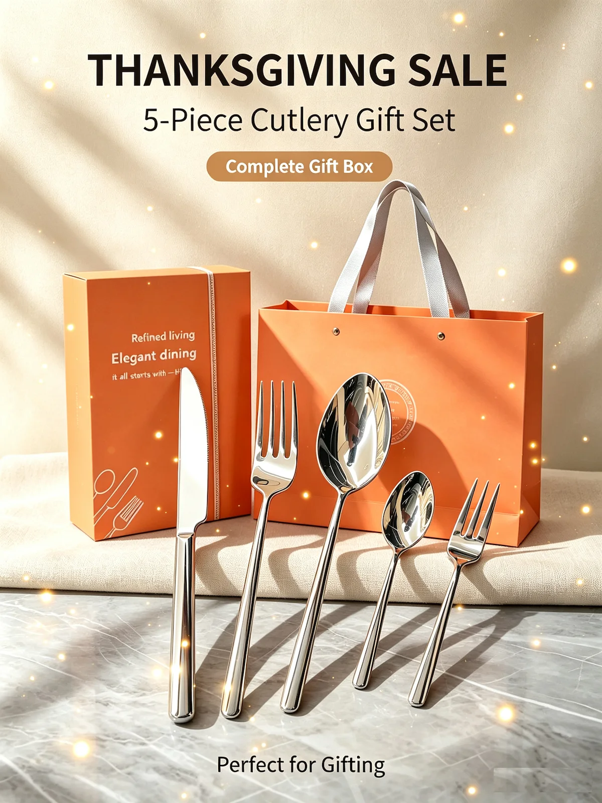 Premium 420/304 Stainless Steel Cutlery Set 5‑Piece Thin Smooth‑Handle Tableware Reusable Gift Pack for Daily & Banquet