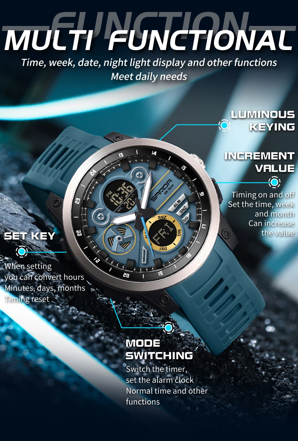 SANDA Men\'s Digital Electronic Watch Sports Multifunctional Waterproof LED Dual Time Display Fashion Men\'s Electronic Watch 3379